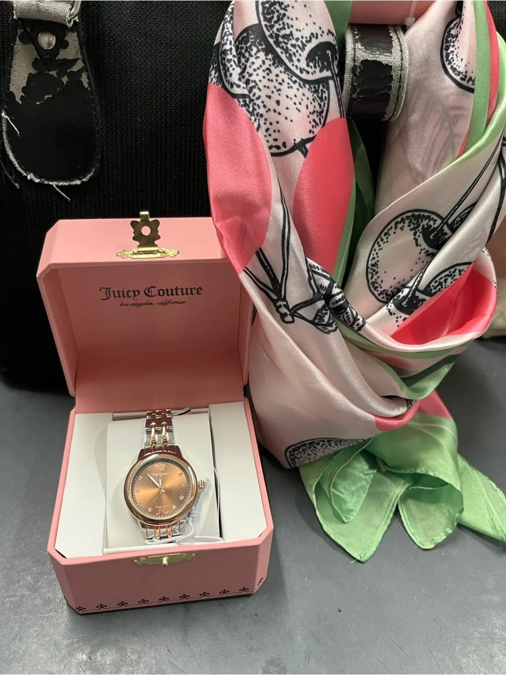 NIB Juicy Couture Women's Rose Gold Tone Bracelet Watch - JC Scarf included